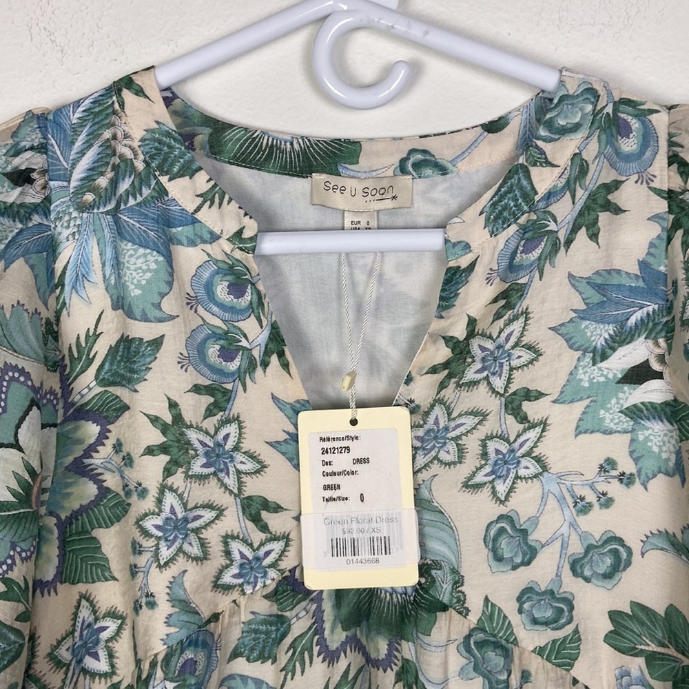 NWT See U Soon XS Balloon Sleeve Split Neck Babydoll Mini Dress Floral Coastal - Picture 7 of 10